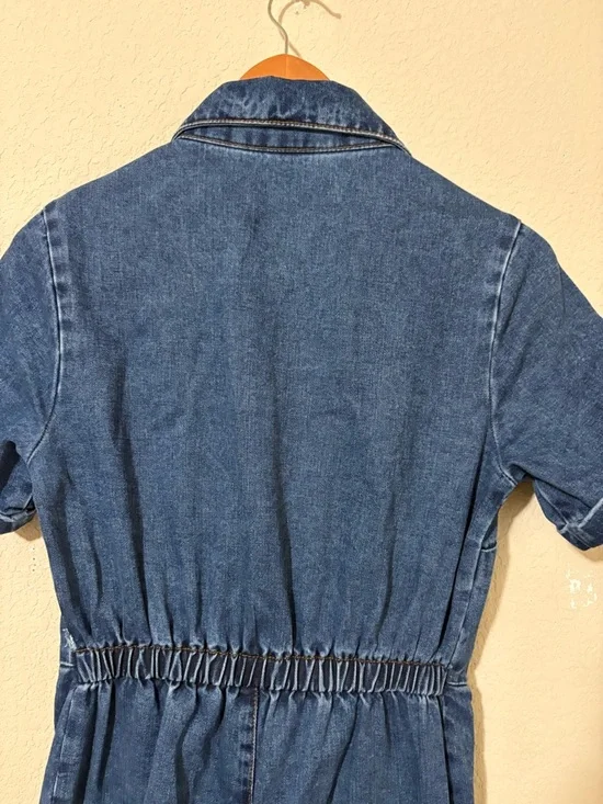 Lucy & Yak Ragan Blue Cotton Denim Short-Sleeve Wide-Leg Zip Up Jumpsuit Side 4 - Picture 9 of 16